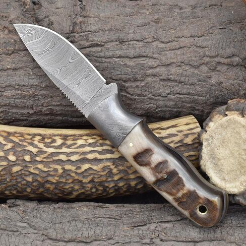 Knives Ranch Fixed Blade EDC – Damascus Steel Hunting Knife – Full Tang Ranch Knife – Ram’s Horn Handle – Cowboy Style Horizontal Carry Sheath (2111-RH) in Saudi Arabia