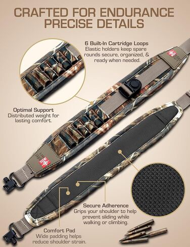 Stalker Rifle Sling with Swivels | Comfortable Neoprene Padded Gun Strap with Bullet Holders | Adjustable, Non-Slip Crossbow Strap | Secures Your Gun on Your Back | Hands-Free Convenience - Camo in Saudi Arabia
