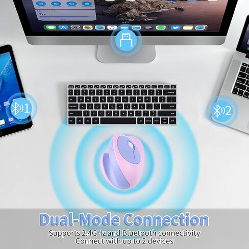 Wireless Mouse Ergonomic Vertical Mouse with Bluetooth & 2.4GHz USB Receiver 3 Buttons Rechargeable Silent Portable Optical USB Cordless Mice for Laptop PC Desktop Tablet Kids Adults Gifts (Purple) in Saudi Arabia