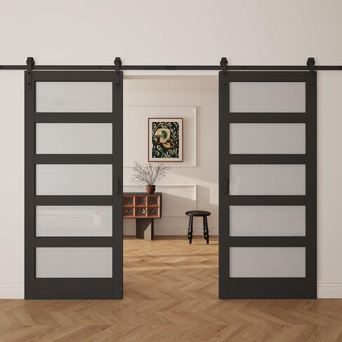 5-Lite Frosted Glass Black Primed Wood Barn Door, 56" × 80" in Saudi Arabia