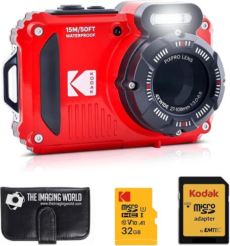 كاميرا Kodak PIXPRO WPZ2 متينة مقاومة للماء والصدمات والغبار واي فاي رقمية 16 ميجابكسل 4X زووم بصري 1080 بيكسل كاميرا تسجيل فيديو عالية الدقة 2.7 بوصة LCD (أحمر) + بطاقة ومحول 32 جيجابايت + حافظة بطاقات in Kuwait