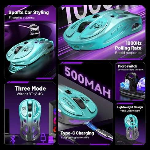 M235 Wireless Gaming Mouse, 65g Ultra-Lightweight, Hollowed-Out Sports Car Design, 4800 DPI, Tri-Mode (2.4G/BT/Wired), 8 Programmable Buttons, RGB Lighting, 1000Hz Polling Rate (Seafoam Gray) in Kuwait