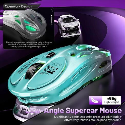 M235 Wireless Gaming Mouse, 65g Ultra-Lightweight, Hollowed-Out Sports Car Design, 4800 DPI, Tri-Mode (2.4G/BT/Wired), 8 Programmable Buttons, RGB Lighting, 1000Hz Polling Rate (Seafoam Gray) in Kuwait