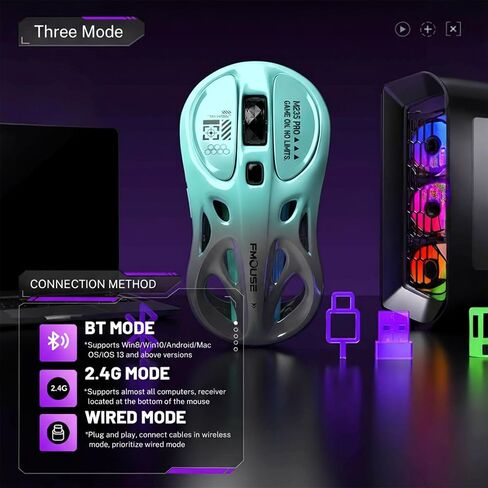 M235 Wireless Gaming Mouse, 65g Ultra-Lightweight, Hollowed-Out Sports Car Design, 4800 DPI, Tri-Mode (2.4G/BT/Wired), 8 Programmable Buttons, RGB Lighting, 1000Hz Polling Rate (Seafoam Gray) in Kuwait