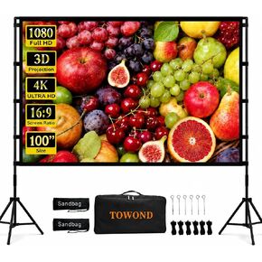 Projector Screen with Stand, Towond 120 inch Outdoor Movie Screen 16:9 HD Front Rear Portable Projection Screen with Carry Bag Wrinkle-Free and Foldable Design for Soccer Match Viewing Parties in Kuwait