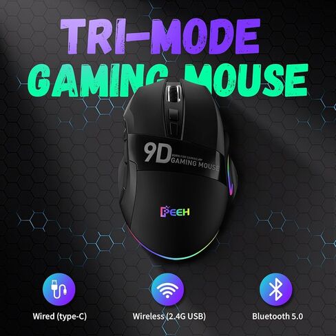 Wireless Gaming Mouse with Tri-Modes, 2.4G/ USB-C/BT 9 Programmable Buttons, Rapid Fire Key, 12800 DPI, Adjustable RGB Backlit Modes, Macro, 3 Side Buttons (Wireless -W10, Black) in Saudi Arabia