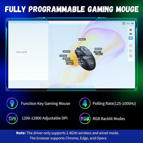Wireless Gaming Mouse with Tri-Modes, 2.4G/ USB-C/BT 9 Programmable Buttons, Rapid Fire Key, 12800 DPI, Adjustable RGB Backlit Modes, Macro, 3 Side Buttons (Wireless -W10, Black) in Saudi Arabia
