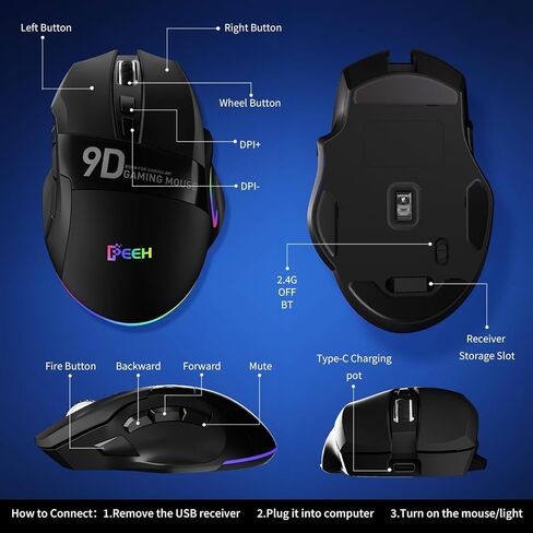 Wireless Gaming Mouse with Tri-Modes, 2.4G/ USB-C/BT 9 Programmable Buttons, Rapid Fire Key, 12800 DPI, Adjustable RGB Backlit Modes, Macro, 3 Side Buttons (Wireless -W10, Black) in Saudi Arabia