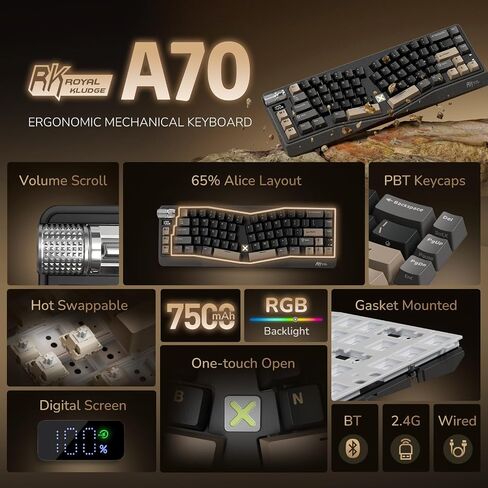 RK ROYAL KLUDGE A70 Alice Ergonomic Keyboard and MO3 Wireless Gaming Mouse Combo, RGB Gaming Keyboards with Knob, 48g Lightweight Bluetooth/2.4G/Wired Rechargeable Computer Mouse in Kuwait