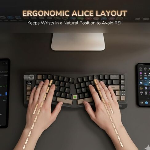 RK ROYAL KLUDGE A70 Alice Ergonomic Keyboard and MO3 Wireless Gaming Mouse Combo, RGB Gaming Keyboards with Knob, 48g Lightweight Bluetooth/2.4G/Wired Rechargeable Computer Mouse in Kuwait
