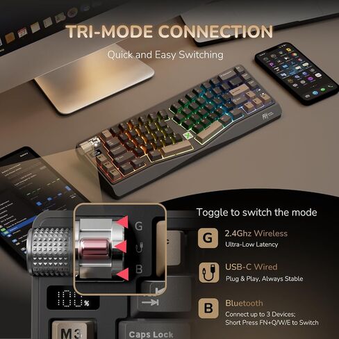 RK ROYAL KLUDGE A70 Alice Ergonomic Keyboard and MO3 Wireless Gaming Mouse Combo, RGB Gaming Keyboards with Knob, 48g Lightweight Bluetooth/2.4G/Wired Rechargeable Computer Mouse in Kuwait