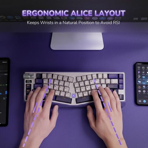 RK ROYAL KLUDGE A70 Alice Ergonomic Keyboard and MO3 Wireless Gaming Mouse Combo, RGB Gaming Keyboards with Knob, 48g Lightweight Bluetooth/2.4G/Wired Rechargeable Computer Mouse, White in Kuwait
