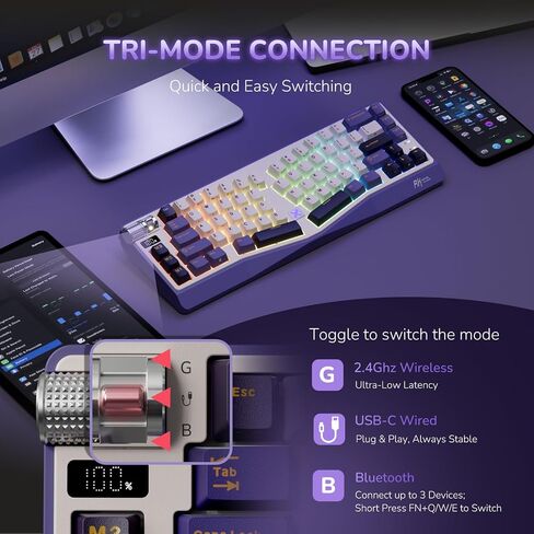 RK ROYAL KLUDGE A70 Alice Ergonomic Keyboard and MO3 Wireless Gaming Mouse Combo, RGB Gaming Keyboards with Knob, 48g Lightweight Bluetooth/2.4G/Wired Rechargeable Computer Mouse, White in Kuwait