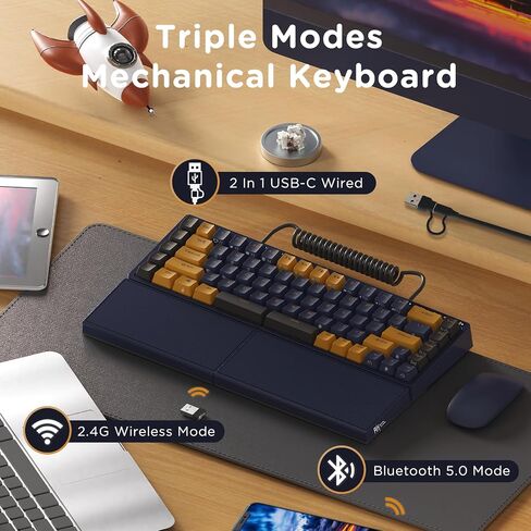 RK ROYAL KLUDGE S70 Ergonomic Split Keyboard and MO3 Wireless Gaming Mouse Combo, 75% Hot Swappable Gaming w/Fixed Wrist Rest and Tactile Brown Switch, Rechargeable White Computer Mouse in Kuwait