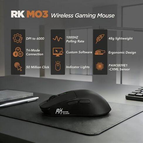 RK ROYAL KLUDGE S70 Ergonomic Split Keyboard and MO3 Wireless Gaming Mouse Combo, 75% Hot Swappable Gaming w/Fixed Wrist Rest, Bluetooth/2.4G/USB Rechargeable Computer Mouse, Black in Kuwait