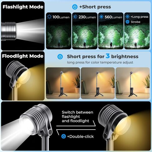 Flashlight with Tripod, 180°Flip 2-Lamp 8Light Mode Small Camping Light in Saudi Arabia