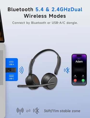 AOC Wireless Headset with Mic for Work, Bluetooth 5.4 Headphones-Dark Black in Kuwait