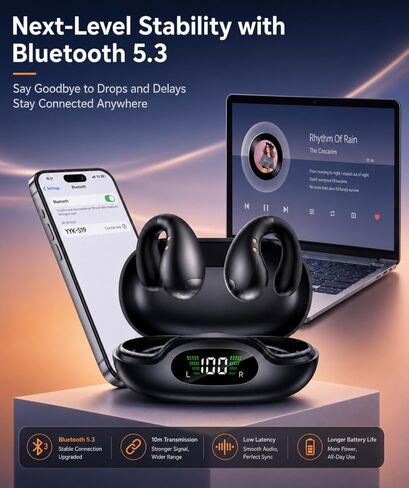 Boytond Ultra Open Ear Earbuds - Comfort Clip On Earbuds, Wireless Bone Headphones Design for Long Listening, Fast Charging for Running, Sports, and Travel, Graphite Black in Kuwait