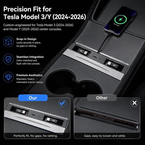 65W USB Charging Hub for Tesla Model 3 Highland 2024-2025 & Model Y Juniper 2025-2026, Dual Retractable Type-C Cables 65W, 4-Port Fast Docking Station with Sliding Dustproof Cover in Saudi Arabia