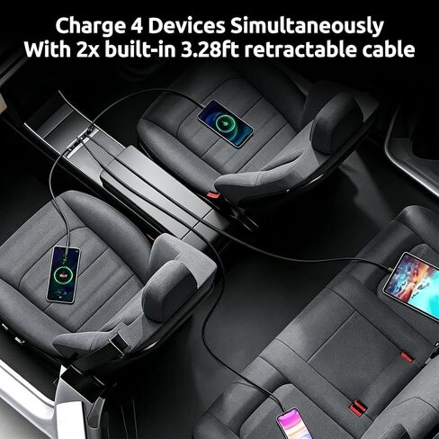 65W USB Charging Hub for Tesla Model 3 Highland 2024-2025 & Model Y Juniper 2025-2026, Dual Retractable Type-C Cables 65W, 4-Port Fast Docking Station with Sliding Dustproof Cover in Saudi Arabia
