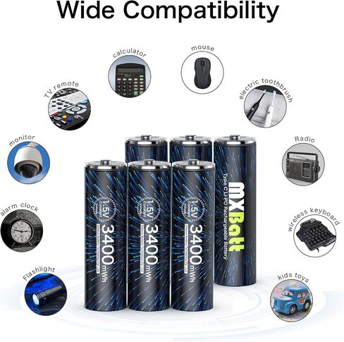 6 بطاريات ليثيوم AA قابلة لإعادة الشحن عبر USB، 1.5 فولت 3400 مللي واط في الساعة، USB-C in Kuwait