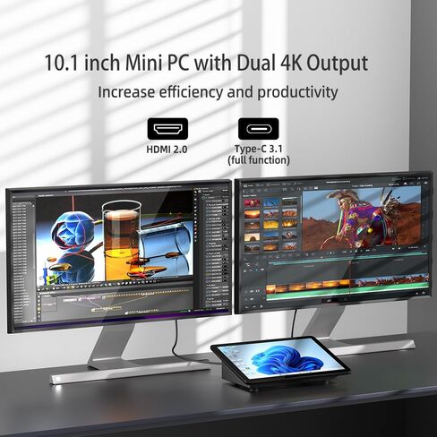 Mini PC Computer Win11 Pro Fanless Industrial Mini Desktop Computer with 10.1" Touchscreen Display, N5095 CPU 8GB Ram, 128GB ROM, 5000mAh Battery, Dual RS232, HDMI, Type-C, BT 5.0, WOL in Kuwait