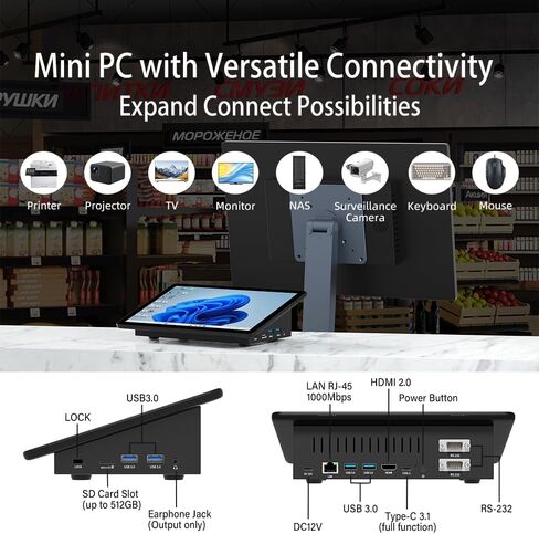 Mini PC Computer Win11 Pro Fanless Industrial Mini Desktop Computer with 10.1" Touchscreen Display, N5095 CPU 8GB Ram, 128GB ROM, 5000mAh Battery, Dual RS232, HDMI, Type-C, BT 5.0, WOL in Kuwait