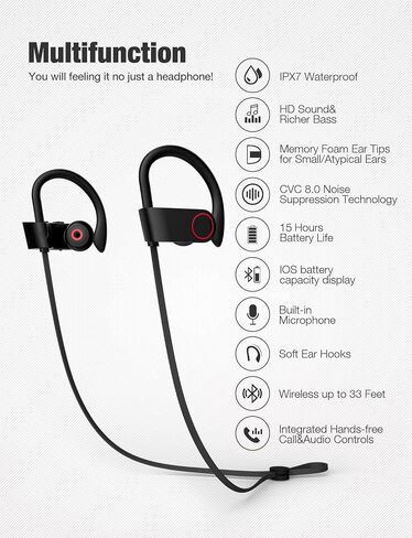 Bluetooth Headphones,Wireless Earbuds IPX7 Waterproof Sports Earphones 15H Playtime with Mic HD Stereo Sound Sweatproof in-Ear Earbuds Sound Isolation Headsets Gym Running Workout in Saudi Arabia