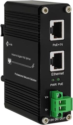 E-link صناعي مقوى Gigabit PoE+ Splitter PoE IEEE802.3 عند مدخل 30 وات، مخرج 20 وات/12 فولت تيار مستمر DIN- حامل جداري للسكك الحديدية -40 درجة مئوية إلى 80 درجة مئوية IP40 in Kuwait