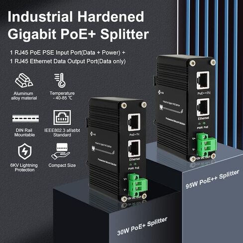 E-link صناعي مقوى Gigabit PoE+ Splitter PoE IEEE802.3 عند مدخل 30 وات، مخرج 20 وات/12 فولت تيار مستمر DIN- حامل جداري للسكك الحديدية -40 درجة مئوية إلى 80 درجة مئوية IP40 in Kuwait