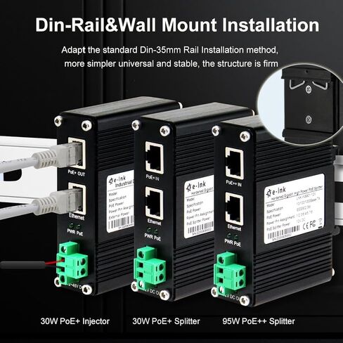 E-link صناعي مقوى Gigabit PoE+ Splitter PoE IEEE802.3 عند مدخل 30 وات، مخرج 20 وات/12 فولت تيار مستمر DIN- حامل جداري للسكك الحديدية -40 درجة مئوية إلى 80 درجة مئوية IP40 in Kuwait