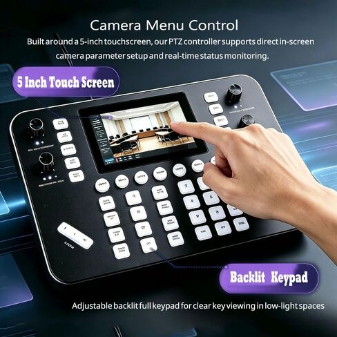 Super NDI PTZ Camera Controller Keyboard, 4D Joystick, 5" HD Real-Time Touch Screen, 4K@60fps Decoding, RS232, RS485, VISCA Pelco-D/P, PoE IP Controllers for Church Event Live Streaming in Kuwait