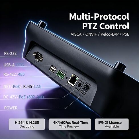 Super NDI PTZ Camera Controller Keyboard, 4D Joystick, 5" HD Real-Time Touch Screen, 4K@60fps Decoding, RS232, RS485, VISCA Pelco-D/P, PoE IP Controllers for Church Event Live Streaming in Kuwait