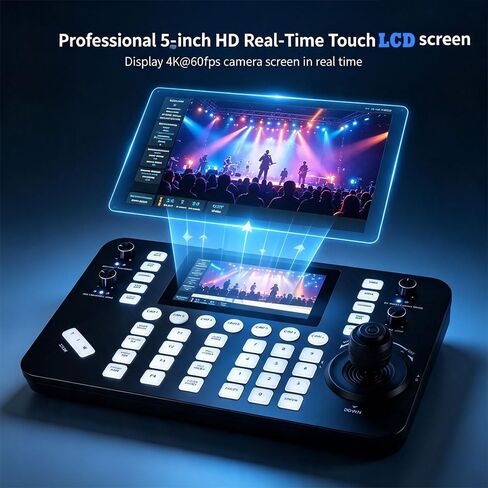 Super NDI PTZ Camera Controller Keyboard, 4D Joystick, 5" HD Real-Time Touch Screen, 4K@60fps Decoding, RS232, RS485, VISCA Pelco-D/P, PoE IP Controllers for Church Event Live Streaming in Kuwait