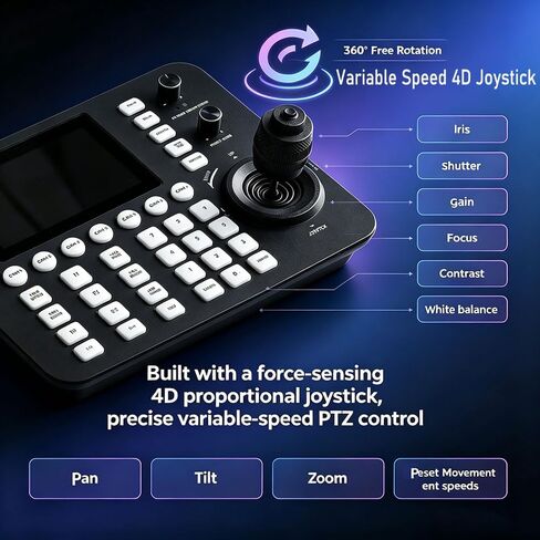 Super NDI PTZ Camera Controller Keyboard, 4D Joystick, 5" HD Real-Time Touch Screen, 4K@60fps Decoding, RS232, RS485, VISCA Pelco-D/P, PoE IP Controllers for Church Event Live Streaming in Kuwait