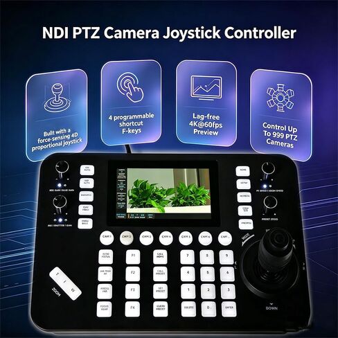 Super NDI PTZ Camera Controller Keyboard, 4D Joystick, 5" HD Real-Time Touch Screen, 4K@60fps Decoding, RS232, RS485, VISCA Pelco-D/P, PoE IP Controllers for Church Event Live Streaming in Kuwait