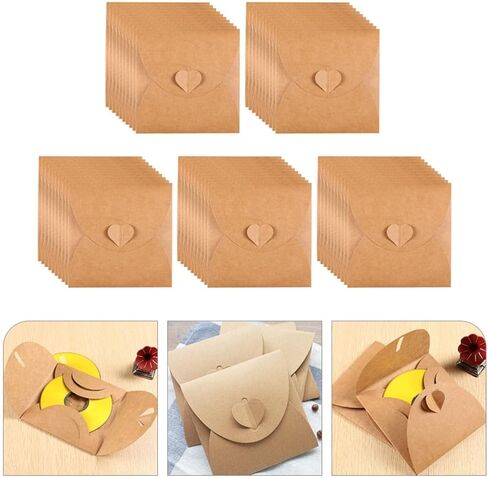 CD DVD Sleeves Envelopes Vintage Kraft Paper Storage Holder Kraft Paper 50pcs with Heart Button Dust Isolation and Scratch Prevention for Home and Cinema in Kuwait
