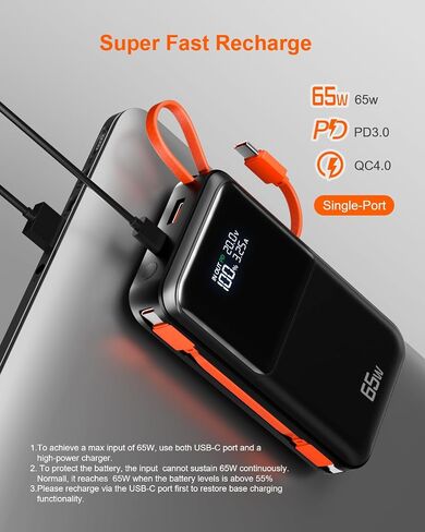 65W Portable Laptop Charger - 26,800mAh Power Bank with Built-in USB-C Cables, 3-Port 130W Total Fast Charging for MacBook/iPhone/Steam Deck|TSA-Approved Travel Essential Airplane Safe (Black) in Kuwait