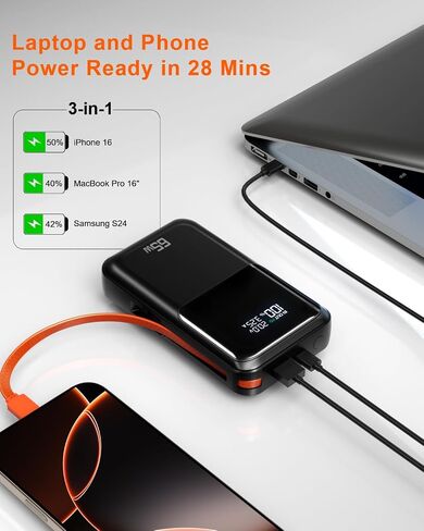 65W Portable Laptop Charger - 26,800mAh Power Bank with Built-in USB-C Cables, 3-Port 130W Total Fast Charging for MacBook/iPhone/Steam Deck|TSA-Approved Travel Essential Airplane Safe (Black) in Kuwait
