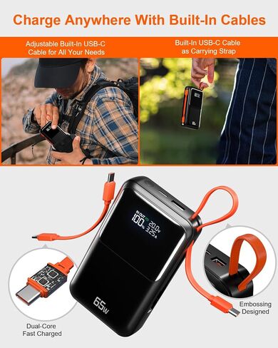 65W Portable Laptop Charger - 26,800mAh Power Bank with Built-in USB-C Cables, 3-Port 130W Total Fast Charging for MacBook/iPhone/Steam Deck|TSA-Approved Travel Essential Airplane Safe (Black) in Kuwait