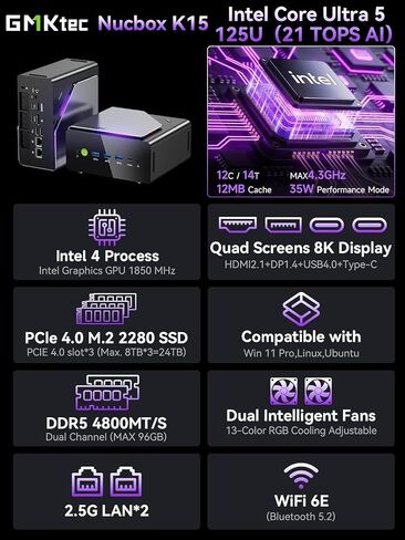 GMKtec K15 AI Mini PC Oculink Intel Ultra 5 125U 32GB DDR5 512GB SSD in Kuwait