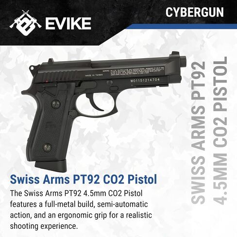 Evike Airguns - Swiss Arms PT92 Metal CO2 Powered Blowback 4.5mm Air Pistol (4.5mm Air Gun) (Color: Black) in Saudi Arabia