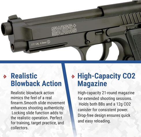 Evike Airguns - Swiss Arms PT92 Metal CO2 Powered Blowback 4.5mm Air Pistol (4.5mm Air Gun) (Color: Black) in Saudi Arabia