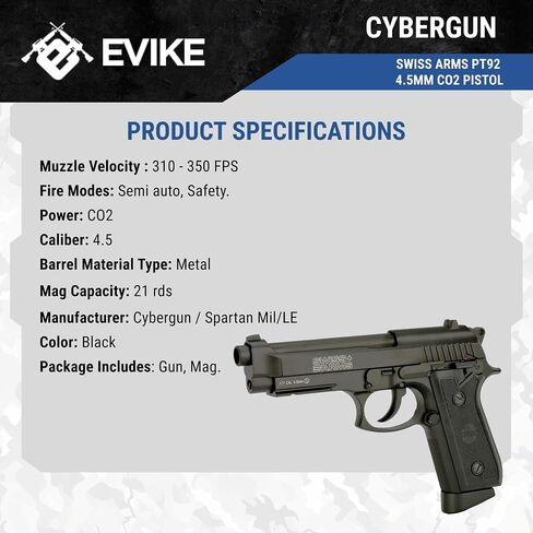 Evike Airguns - Swiss Arms PT92 Metal CO2 Powered Blowback 4.5mm Air Pistol (4.5mm Air Gun) (Color: Black) in Saudi Arabia