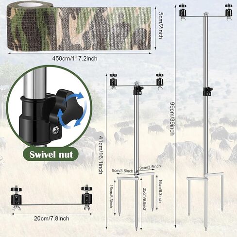 1 Pcs Double Nut Trail Camera Stand with Solar Panel Mount Foldable Stainless Steel Game Camera Stand 360° Adjustable 1/4''-20 (6mm) Screw Connection Stake with 6 Camo Tape for Cam Accessories in Kuwait