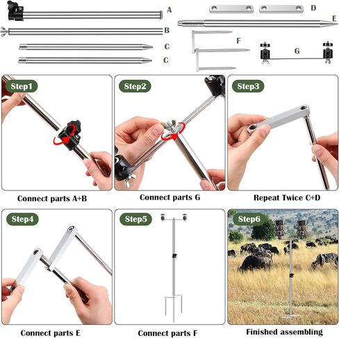 1 Pcs Double Nut Trail Camera Stand with Solar Panel Mount Foldable Stainless Steel Game Camera Stand 360° Adjustable 1/4''-20 (6mm) Screw Connection Stake with 6 Camo Tape for Cam Accessories in Kuwait