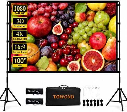 Projector Screen with Stand, Towond 120 inch Outdoor Movie Screen 16:9 HD Front Rear Portable Projection Screen with Carry Bag Wrinkle-Free and Foldable Design for Soccer Match Viewing Parties in Kuwait