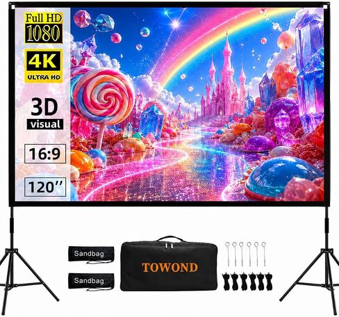 Projector Screen with Stand, Towond 120 inch Outdoor Movie Screen 16:9 HD Front Rear Portable Projection Screen with Carry Bag Wrinkle-Free and Foldable Design for Soccer Match Viewing Parties in Kuwait