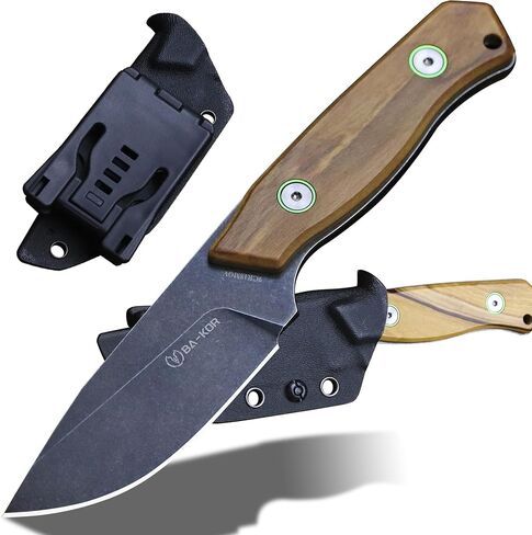 BA-KOR 9Cr18MoV Full Tang Fixed Blade 3.2" Razor Sharp Edge Outdoor Hunting Knife, 4mm Thick Stonewashed Camping Knife withBlack linen handle & Kydex Sheath, for Camping, Bushcraft & Survival (Olive wood handle - stone washed black) in Saudi Arabia