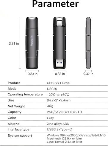 Vezzio 256GB USB C Flash Drive, USB 3.2 Gen2 Stick, Portable SSD 1000MB/s in Saudi Arabia